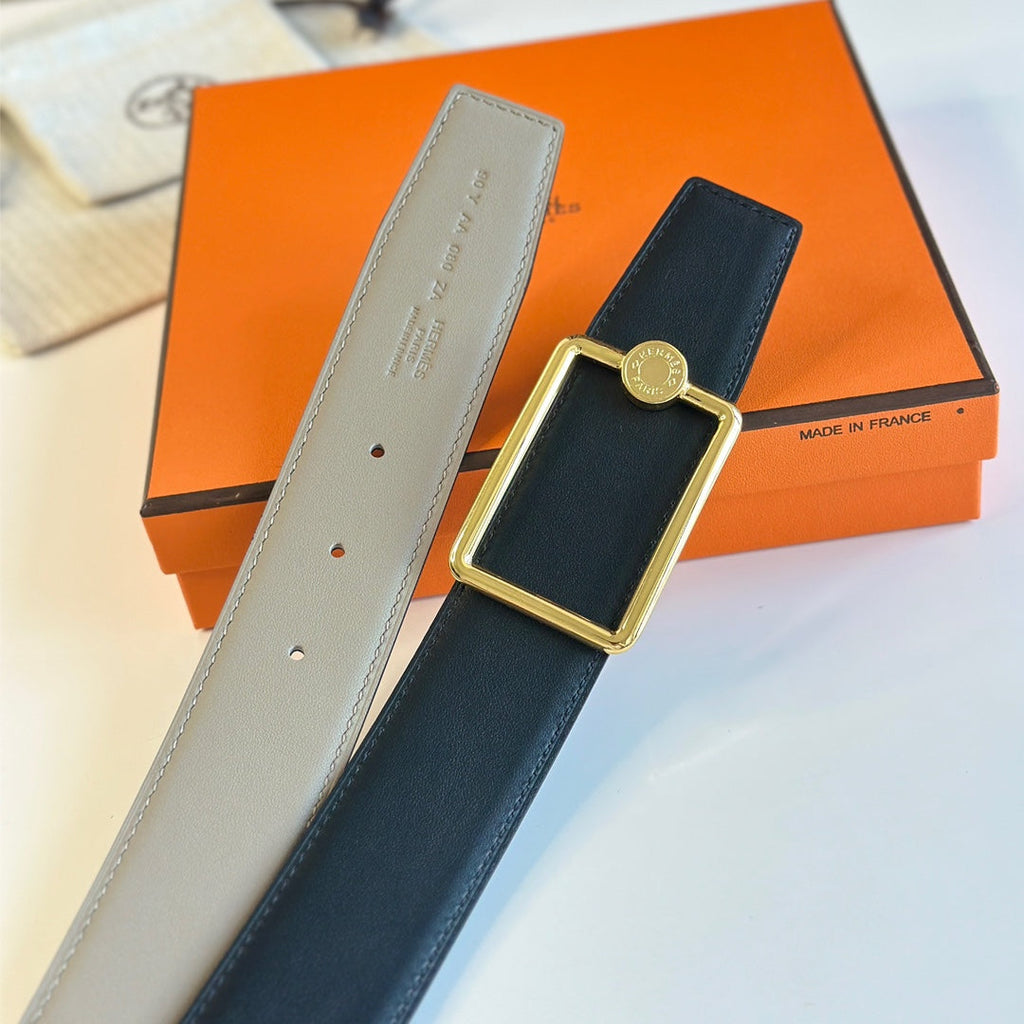 HERMES TUBE H BELT BUCKLE & REVERSIBLE KHAKI BROWN AND BLACK LEATHER STRAP 38MM GOLD HARDWARE