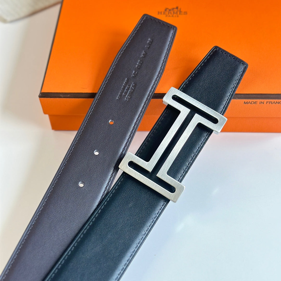 HERMES BELT BUCKLE & REVERSIBLE BLACK LEATHER STRAP 38MM SILVER HARDWARE