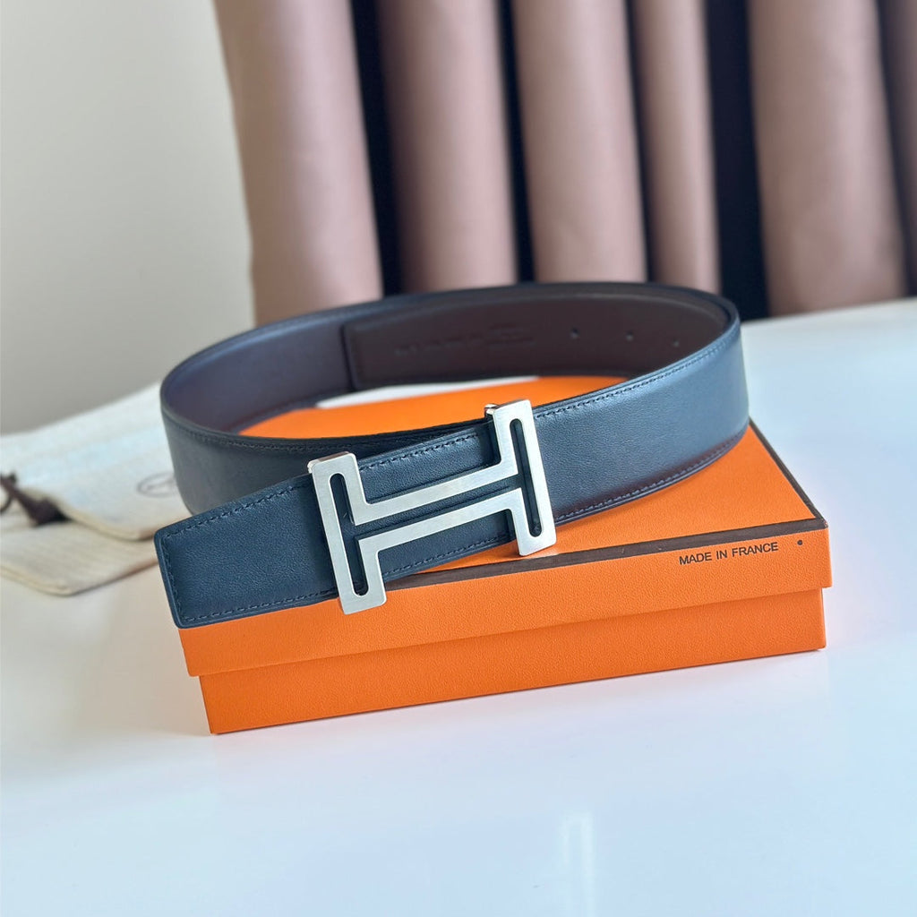HERMES BELT BUCKLE & REVERSIBLE BLACK LEATHER STRAP 38MM SILVER HARDWARE