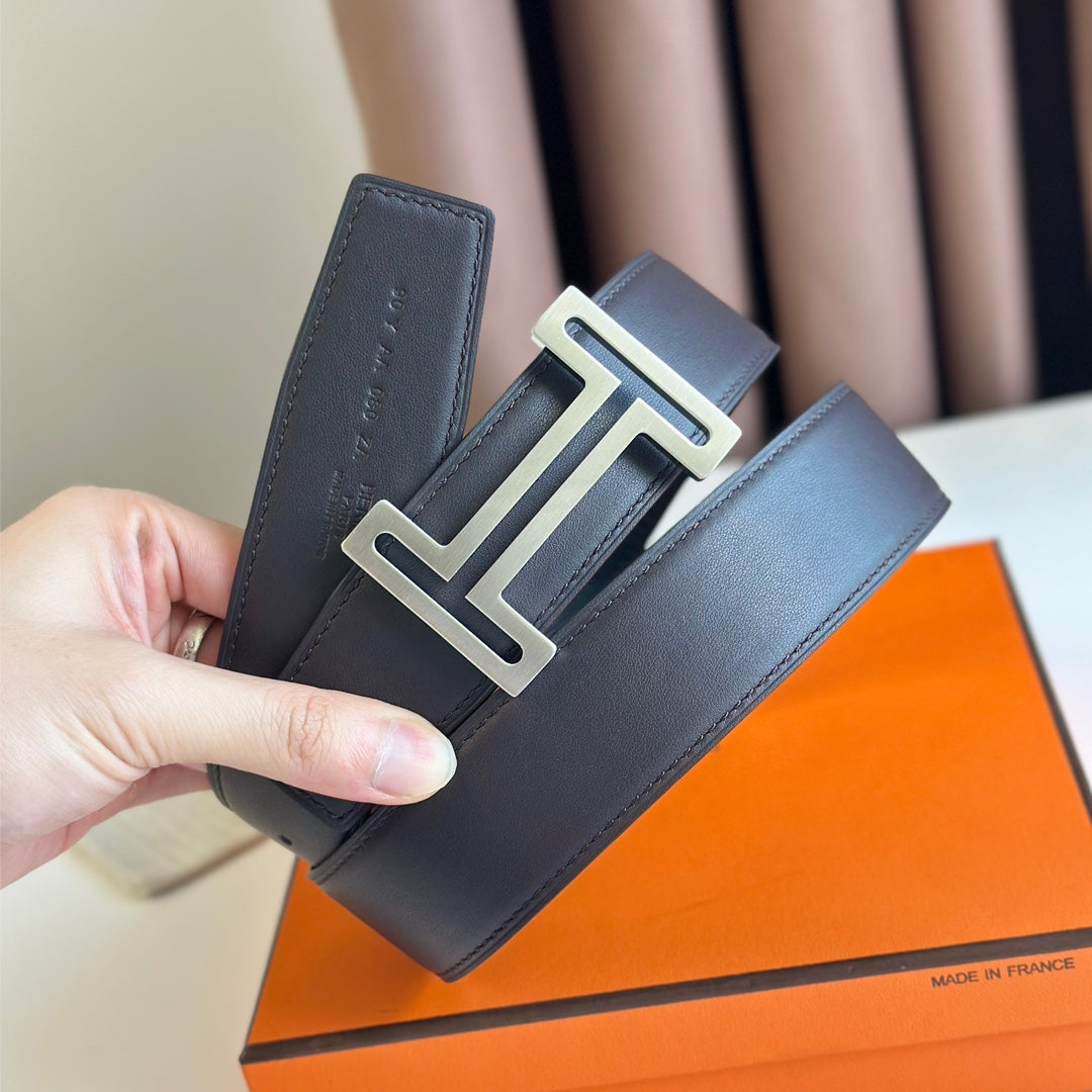HERMES BELT BUCKLE & REVERSIBLE BLACK LEATHER STRAP 38MM SILVER HARDWARE