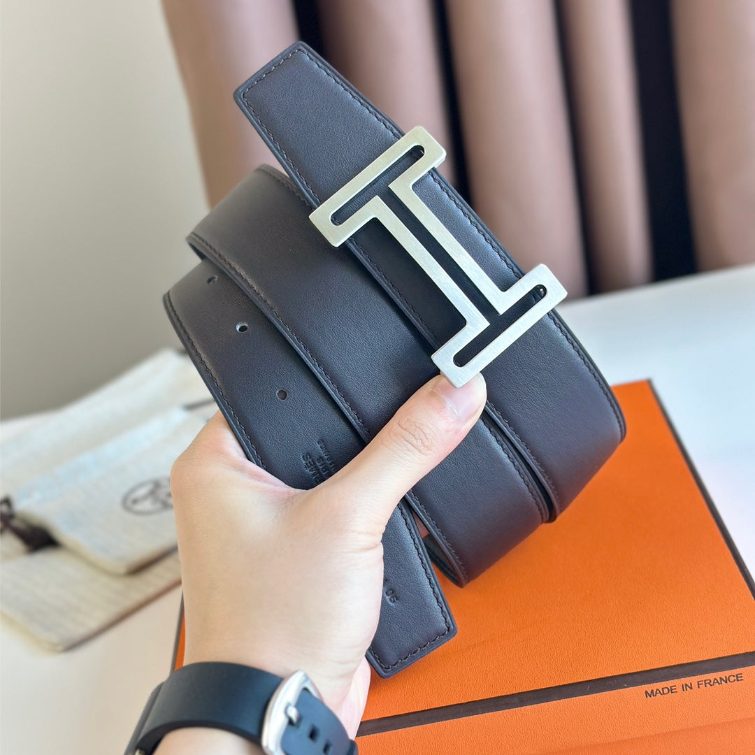 HERMES BELT BUCKLE & REVERSIBLE BLACK LEATHER STRAP 38MM SILVER HARDWARE