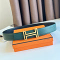 HERMES BELT BUCKLE & REVERSIBLE TEAL GREEN AND BLACK LEATHER STRAP 38MM GOLD HARDWARE
