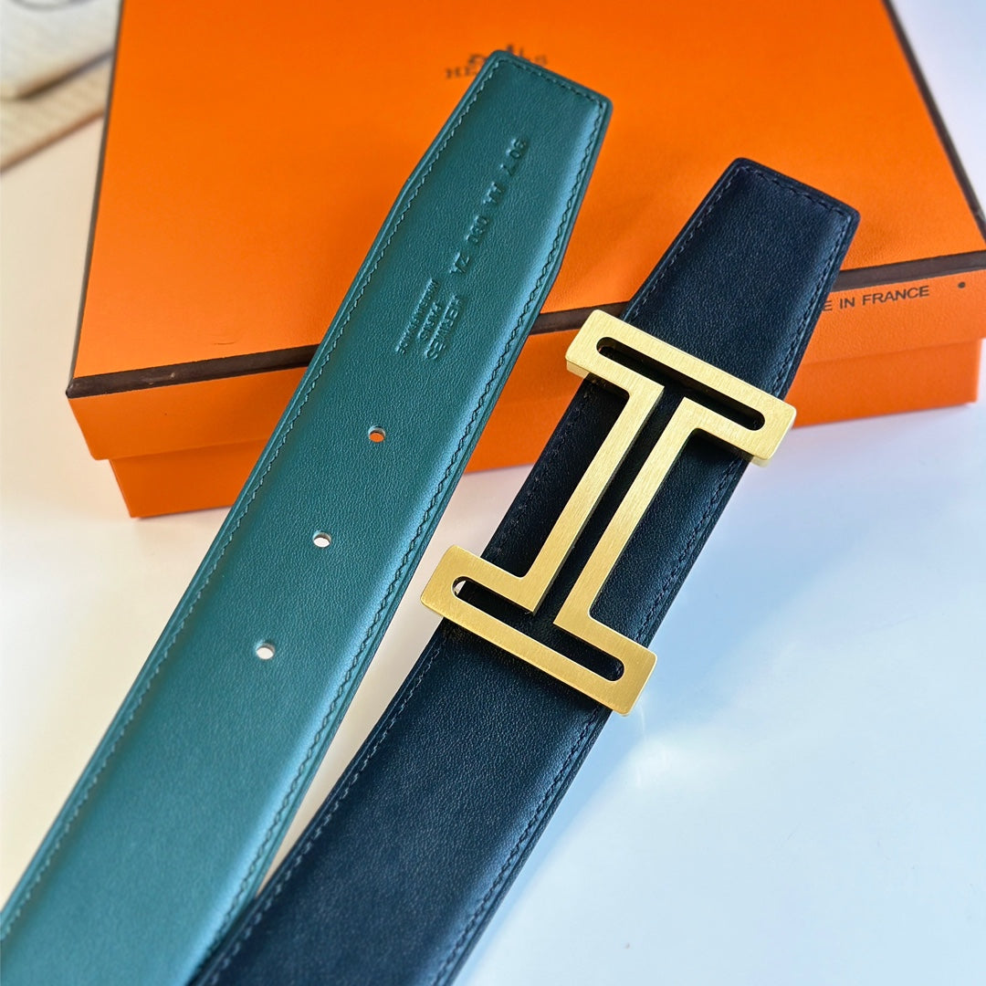 HERMES BELT BUCKLE & REVERSIBLE TEAL GREEN AND BLACK LEATHER STRAP 38MM GOLD HARDWARE
