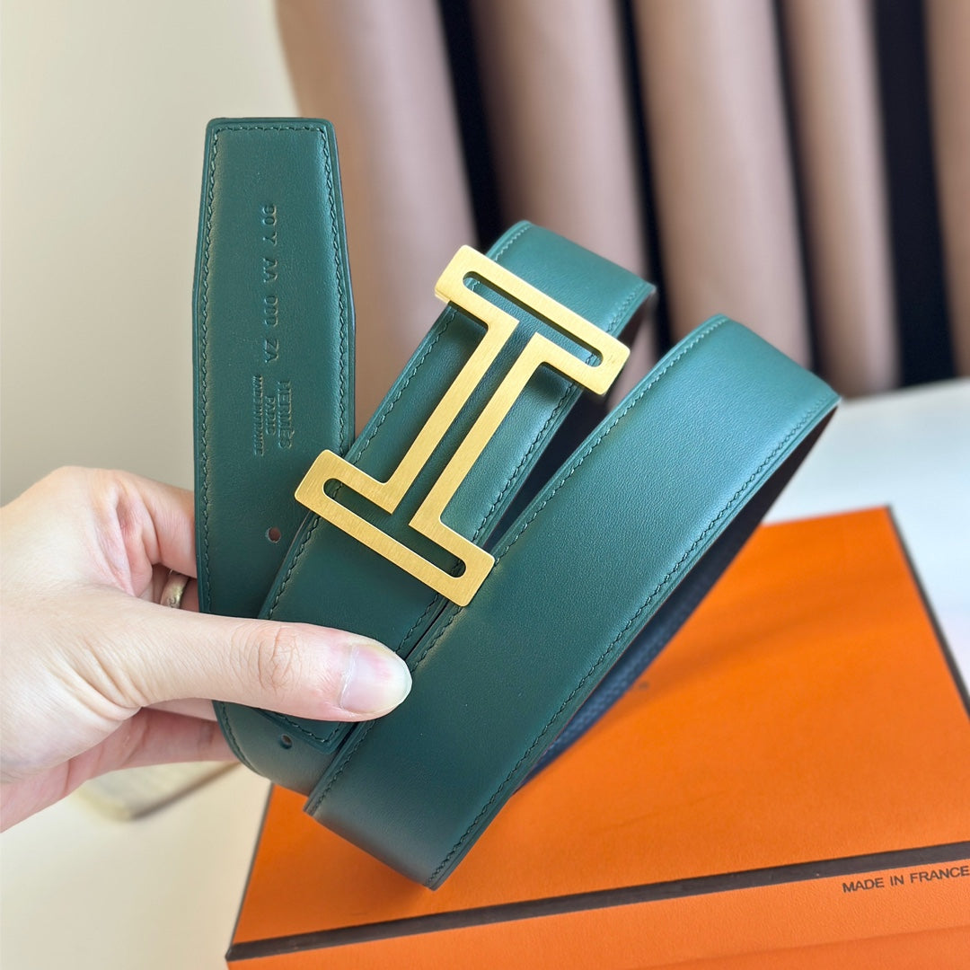 HERMES BELT BUCKLE & REVERSIBLE TEAL GREEN AND BLACK LEATHER STRAP 38MM GOLD HARDWARE