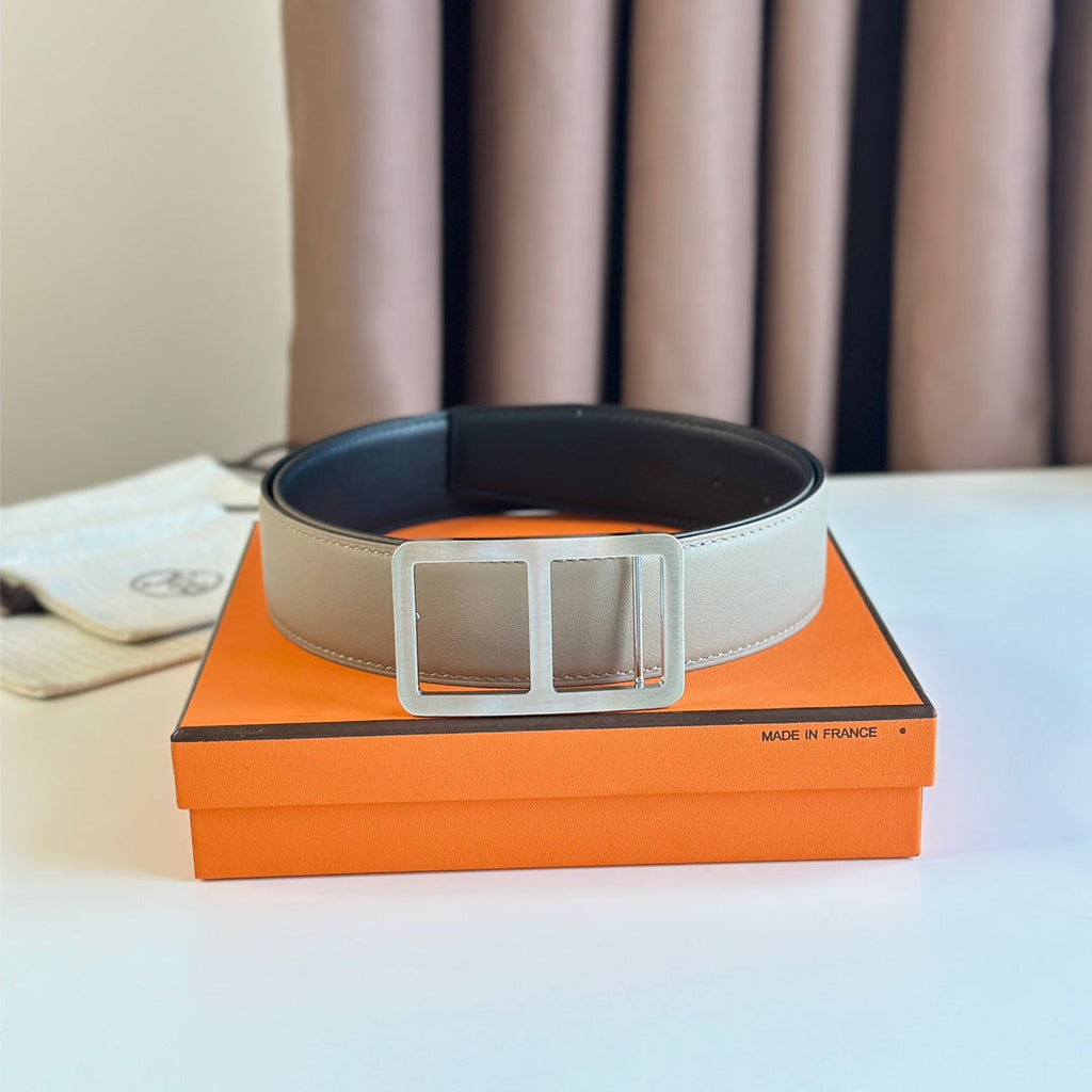 HERMES BELT BUCKLE & REVERSIBLE GREY PASTEL AND BLACK LEATHER STRAP 38MM SILVER HARDWARE