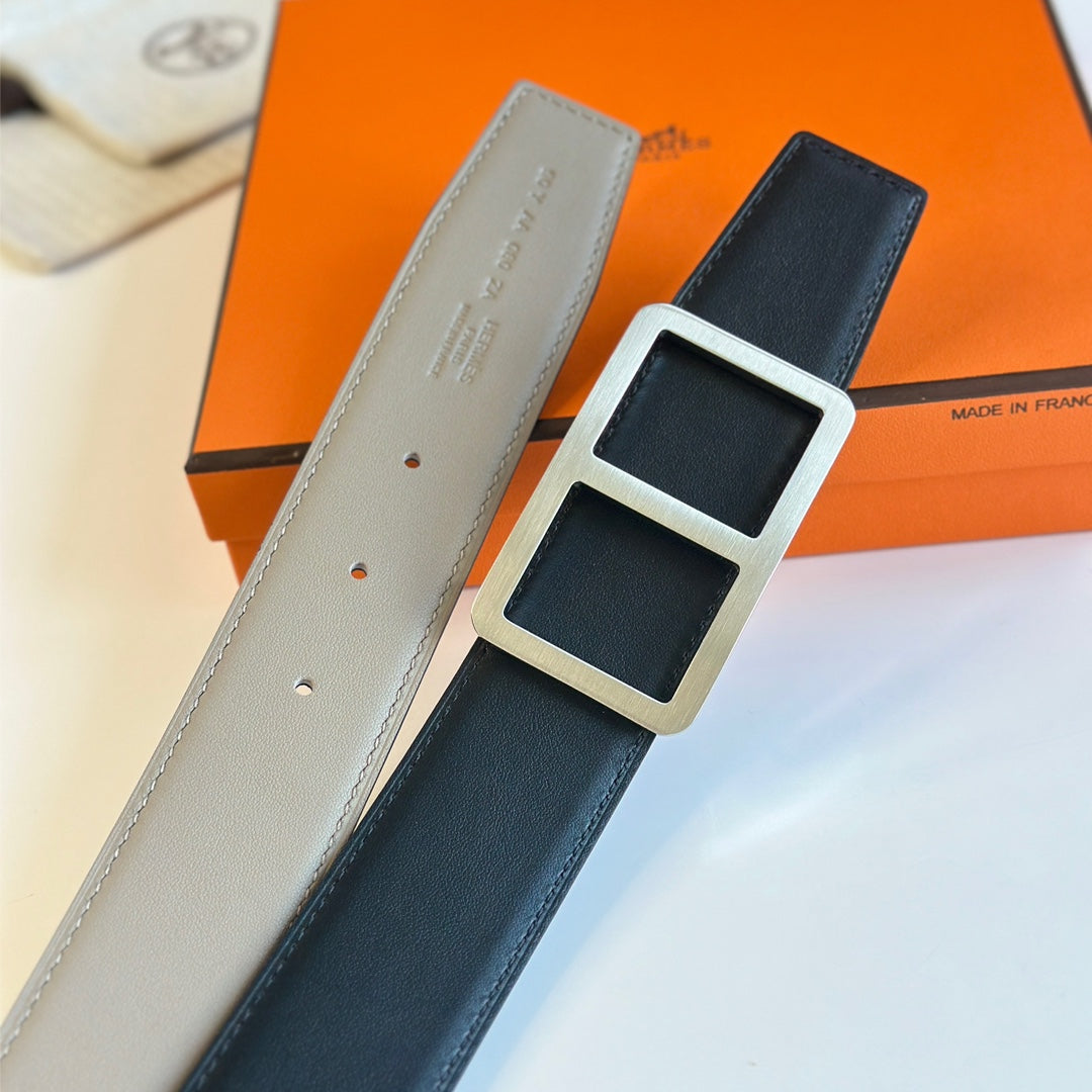 HERMES BELT BUCKLE & REVERSIBLE GREY PASTEL AND BLACK LEATHER STRAP 38MM SILVER HARDWARE