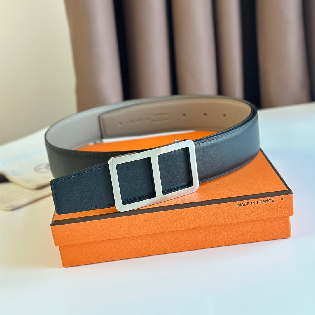 HERMES BELT BUCKLE & REVERSIBLE GREY PASTEL AND BLACK LEATHER STRAP 38MM SILVER HARDWARE