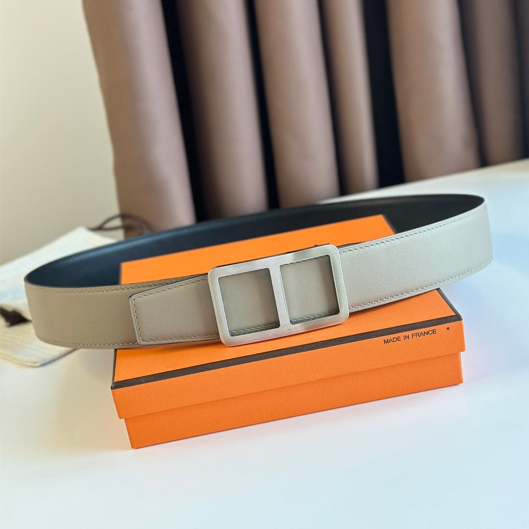 HERMES BELT BUCKLE & REVERSIBLE GREY PASTEL AND BLACK LEATHER STRAP 38MM SILVER HARDWARE