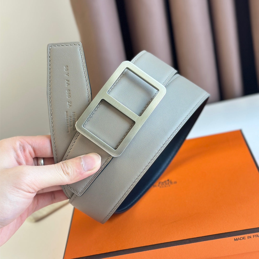HERMES BELT BUCKLE & REVERSIBLE GREY PASTEL AND BLACK LEATHER STRAP 38MM SILVER HARDWARE