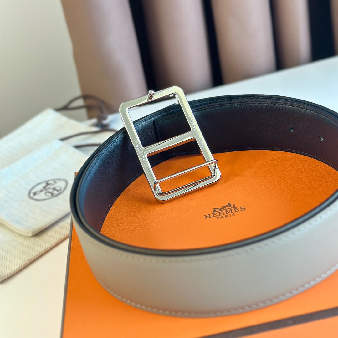 HERMES BELT BUCKLE & REVERSIBLE GREY PASTEL AND BLACK LEATHER STRAP 38MM SILVER HARDWARE