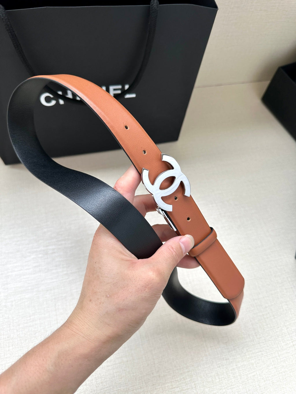 CHANEL 30MM BELT IN BRONZE BROWN AND BLACK CALFSKIN WITH SILVER HARDWARE