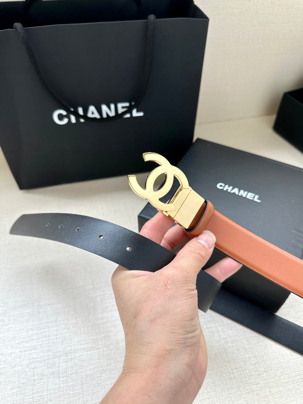 CHANEL 30MM BELT IN BRONZE BROWN AND BLACK CALFSKIN WITH GOLD HARDWARE