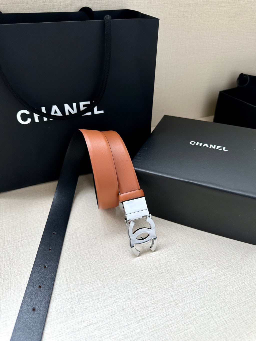 CHANEL 30MM BELT IN BRONZE BROWN AND BLACK CALFSKIN WITH SILVER HARDWARE
