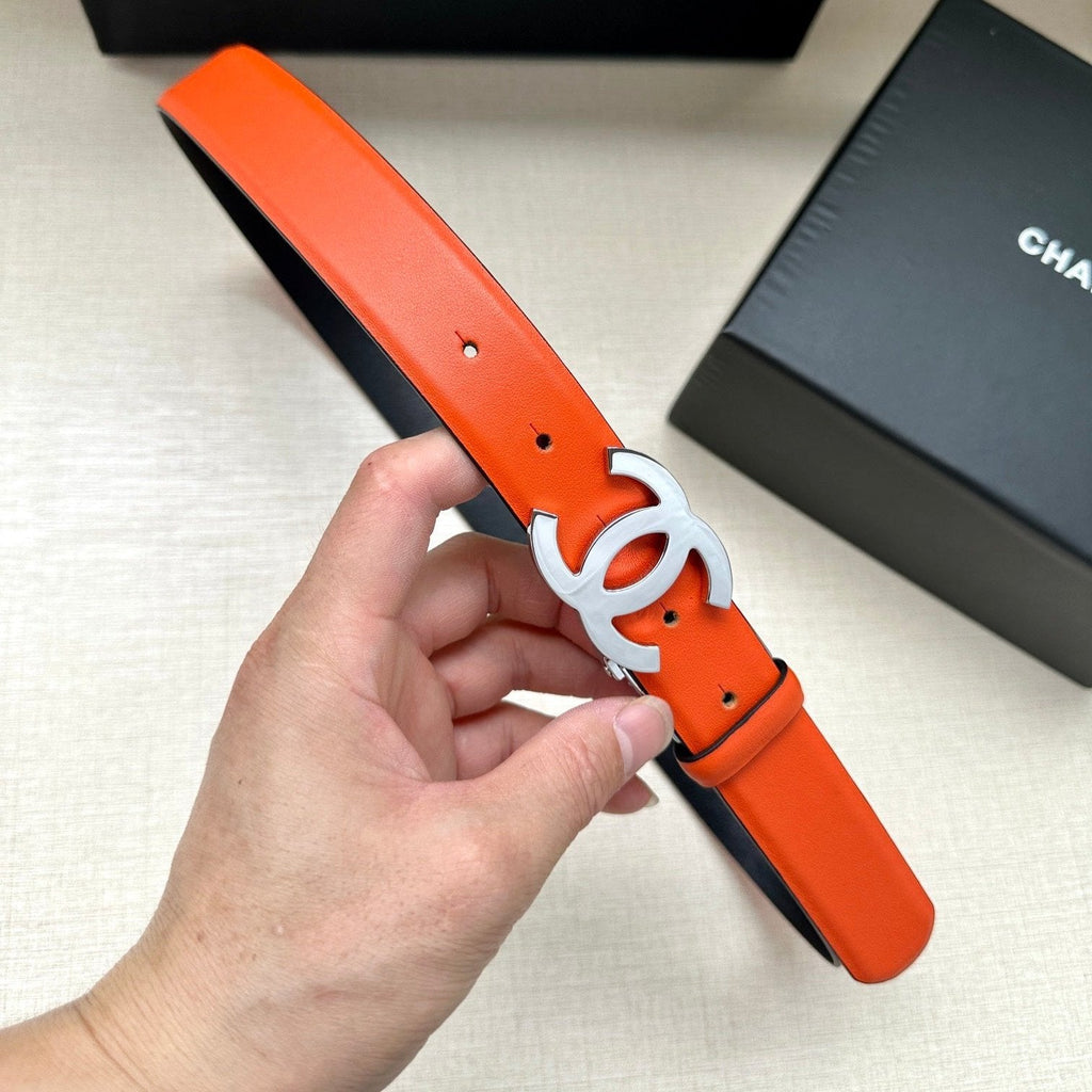 CHANEL 30MM BELT IN FIRE ORANGE AND BLACK CALFSKIN WITH SILVER HARDWARE