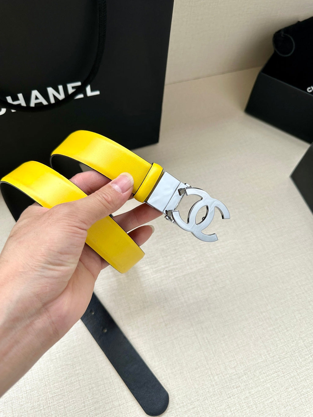 CHANEL 30MM BELT IN BRIGHT YELLOW AND BLACK CALFSKIN WITH SILVER HARDWARE