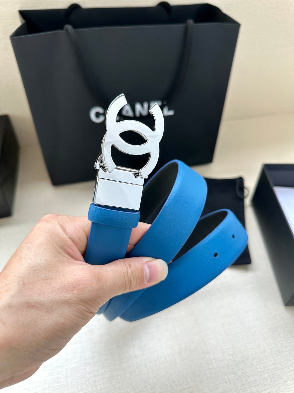 CHANEL 30MM BELT IN BLUE AND BLACK CALFSKIN WITH SILVER HARDWARE