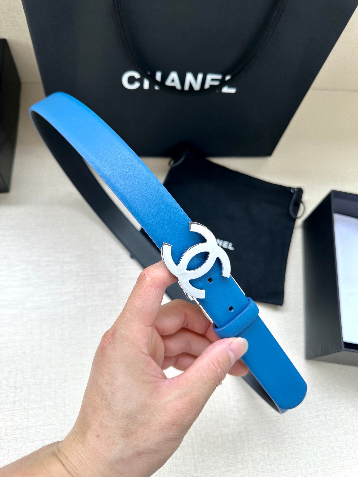 CHANEL 30MM BELT IN BLUE AND BLACK CALFSKIN WITH SILVER HARDWARE