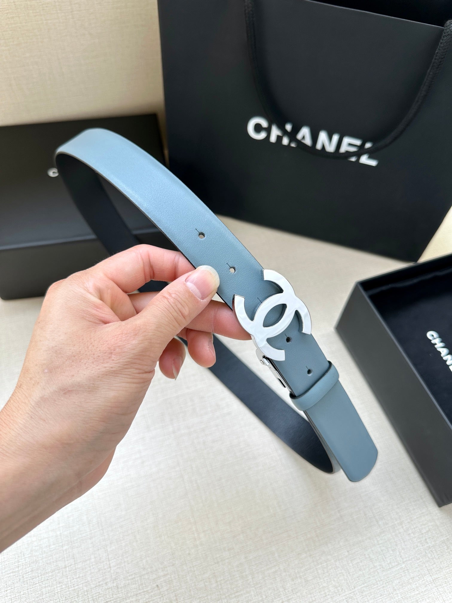 CHANEL 30MM BELT IN STONE BLUE AND BLACK CALFSKIN WITH SILVER HARDWARE