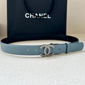 CHANEL 30MM BELT IN STONE BLUE AND BLACK CALFSKIN WITH SILVER HARDWARE