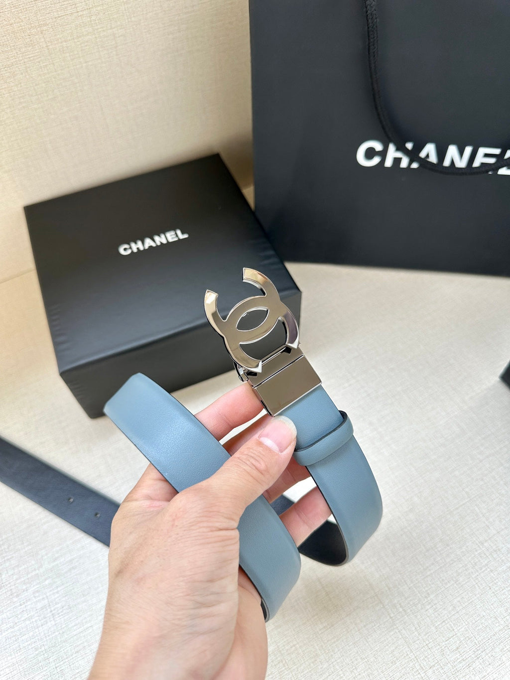 CHANEL 30MM BELT IN STONE BLUE AND BLACK CALFSKIN WITH SILVER HARDWARE