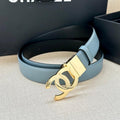 CHANEL 30MM BELT IN STONE BLUE AND BLACK CALFSKIN WITH GOLD HARDWARE