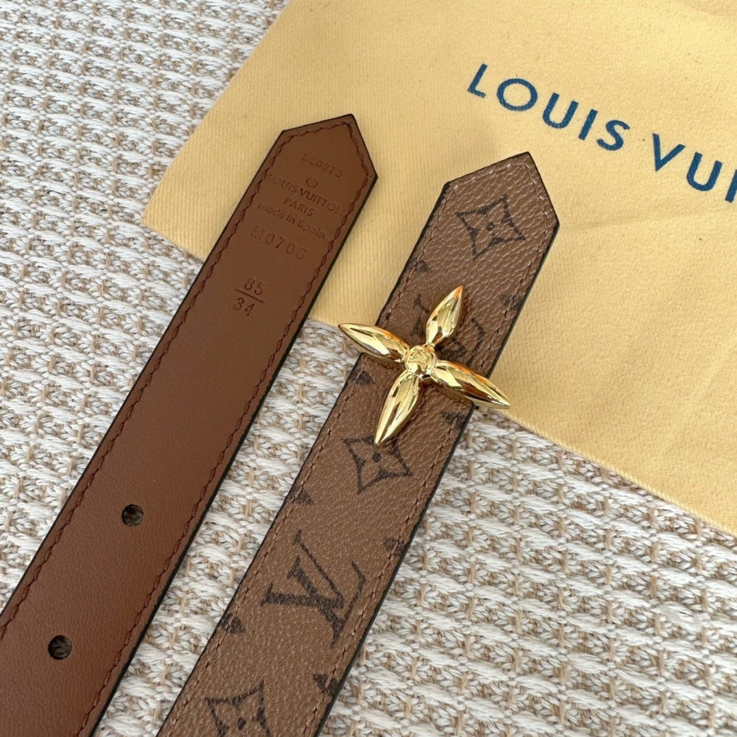 LOUIS VUITTON LV FLOWERGRAM 25 MM REVERSIBLE BELT IN BROWN MONOGRAM CALFSKIN GOLD HARDWARE