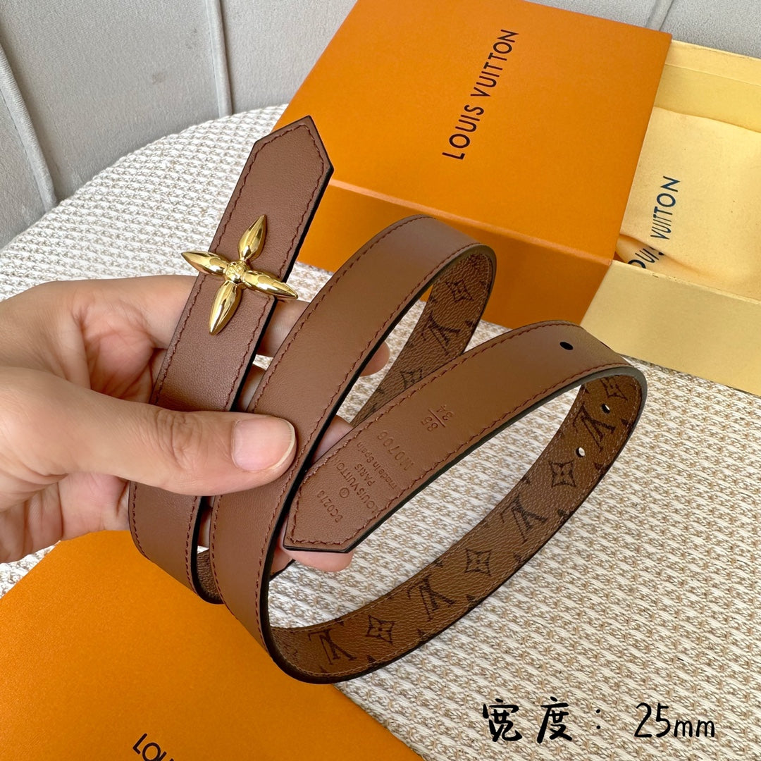 LOUIS VUITTON LV FLOWERGRAM 25 MM REVERSIBLE BELT IN BROWN MONOGRAM CALFSKIN GOLD HARDWARE