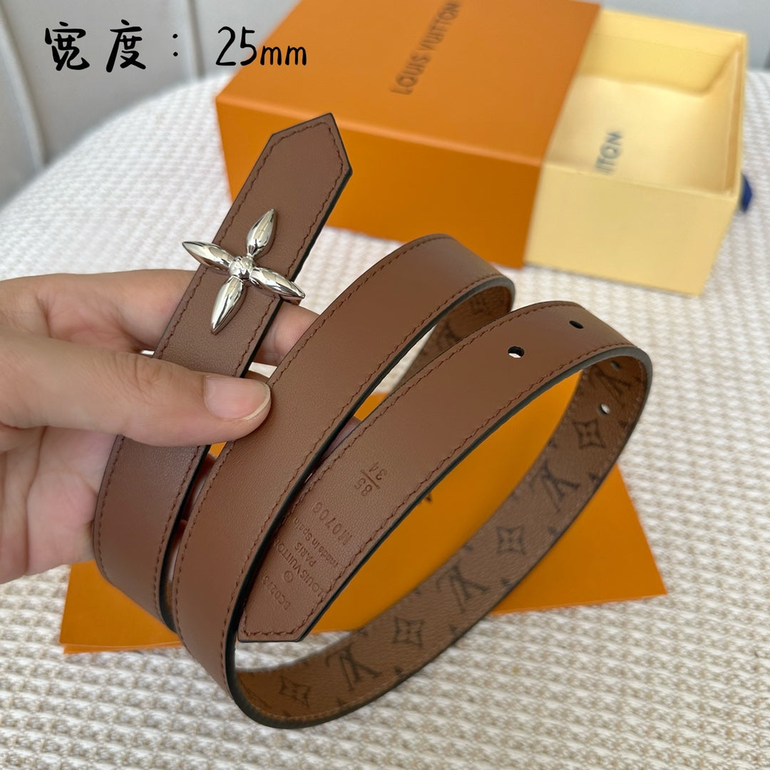 LOUIS VUITTON LV FLOWERGRAM 25 MM REVERSIBLE BELT IN BROWN MONOGRAM CALFSKIN SILVER HARDWARE