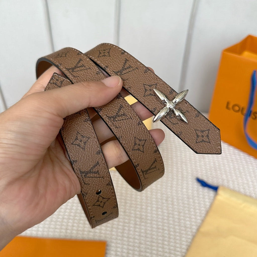 LOUIS VUITTON LV FLOWERGRAM 25 MM REVERSIBLE BELT IN BROWN MONOGRAM CALFSKIN SILVER HARDWARE