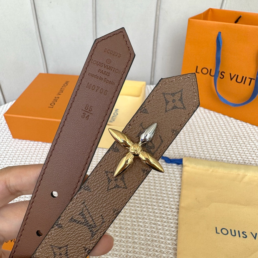LOUIS VUITTON LV FLOWERGRAM 25 MM REVERSIBLE BELT IN BROWN MONOGRAM CALFSKIN GOLD MIX SILVER HARDWARE