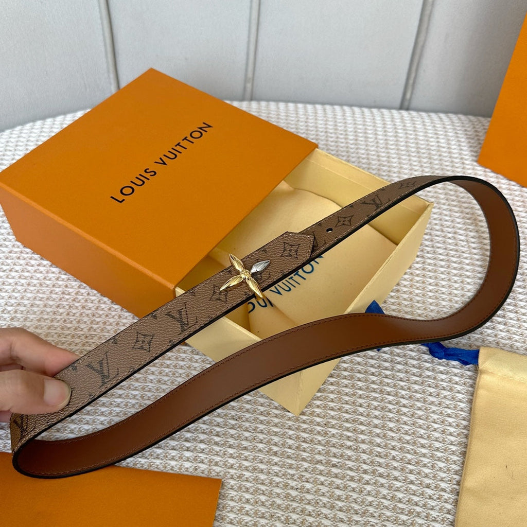 LOUIS VUITTON LV FLOWERGRAM 25 MM REVERSIBLE BELT IN BROWN MONOGRAM CALFSKIN GOLD MIX SILVER HARDWARE
