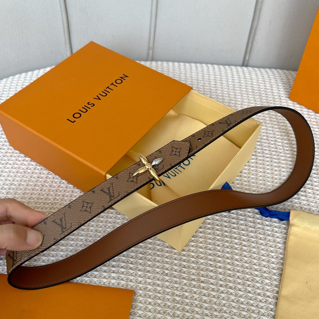 LOUIS VUITTON LV FLOWERGRAM 25 MM REVERSIBLE BELT IN BROWN MONOGRAM CALFSKIN GOLD MIX SILVER HARDWARE