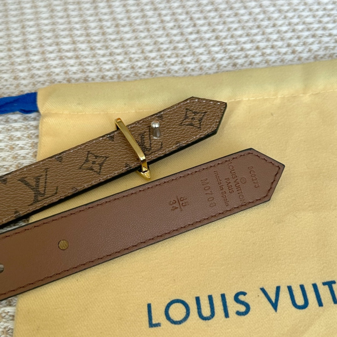 LOUIS VUITTON LV FLOWERGRAM 25 MM REVERSIBLE BELT IN BROWN MONOGRAM CALFSKIN GOLD MIX SILVER HARDWARE