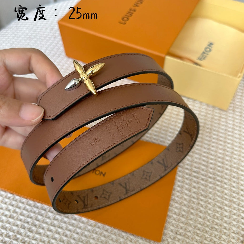 LOUIS VUITTON LV FLOWERGRAM 25 MM REVERSIBLE BELT IN BROWN MONOGRAM CALFSKIN GOLD MIX SILVER HARDWARE