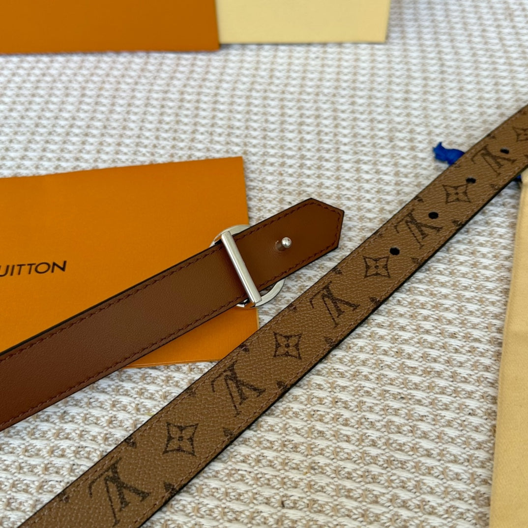 LOUIS VUITTON LV CIRCLE 25MM REVERSIBLE BELT MEDIUM BROWN MONOGRAM CALFSKIN SILVER HARDWARE