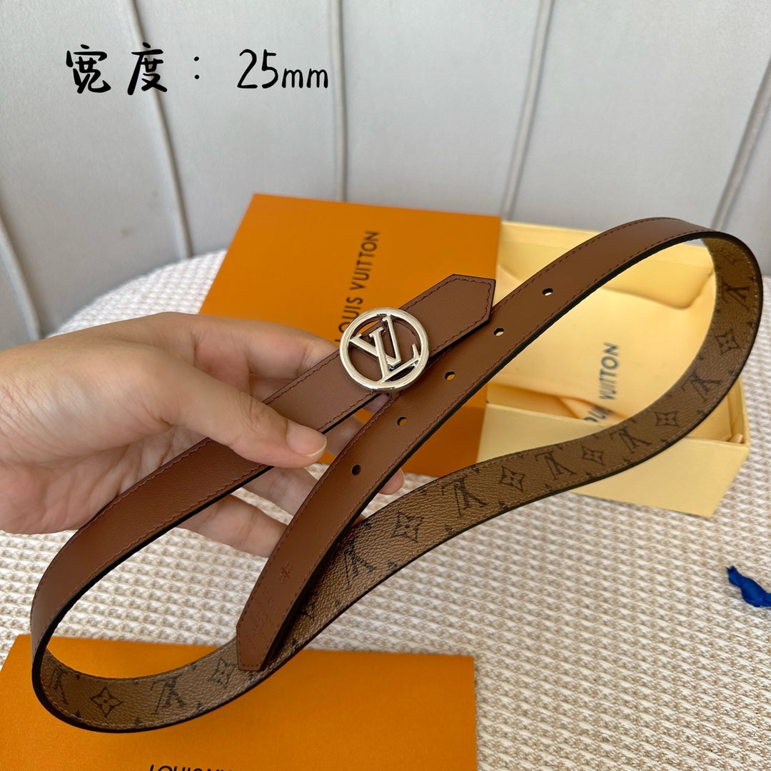 LOUIS VUITTON LV CIRCLE 25MM REVERSIBLE BELT MEDIUM BROWN MONOGRAM CALFSKIN SILVER HARDWARE