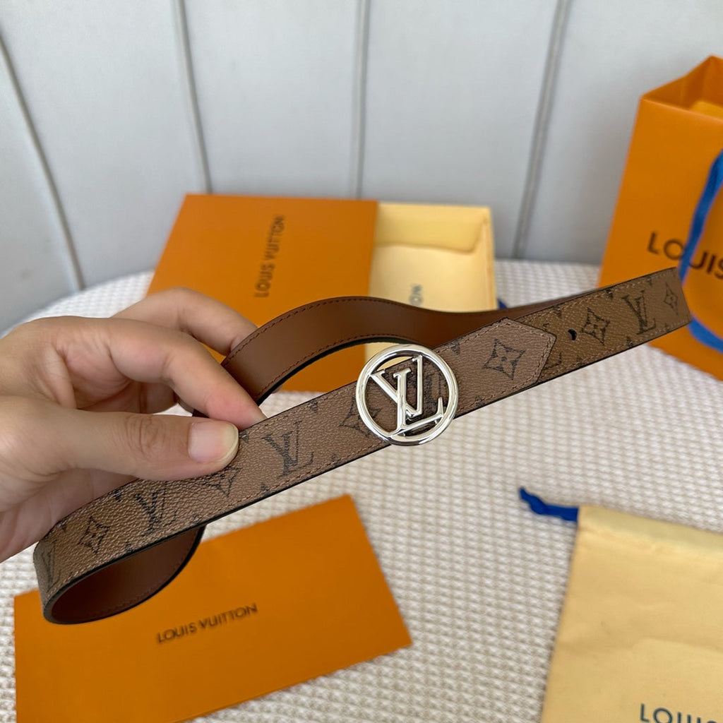 LOUIS VUITTON LV CIRCLE 25MM REVERSIBLE BELT MEDIUM BROWN MONOGRAM CALFSKIN SILVER HARDWARE