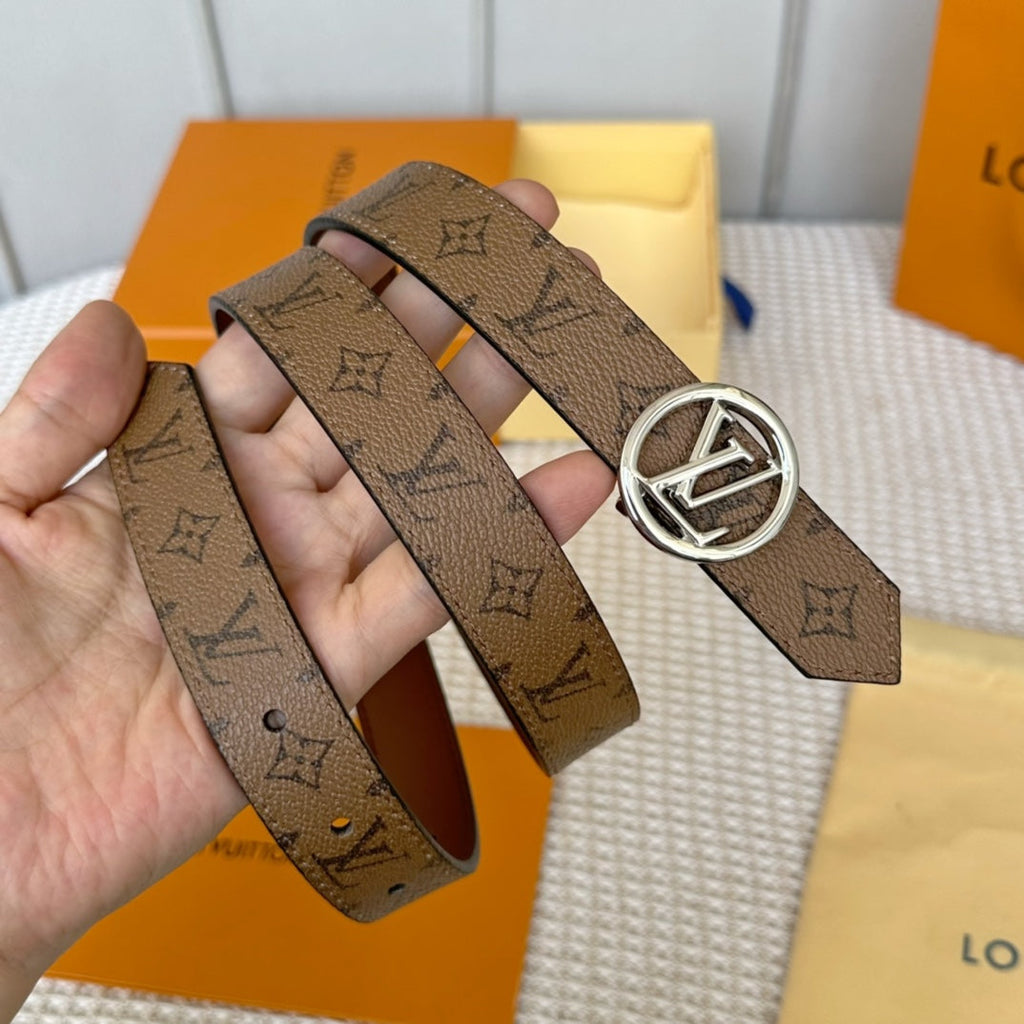 LOUIS VUITTON LV CIRCLE 25MM REVERSIBLE BELT MEDIUM BROWN MONOGRAM CALFSKIN SILVER HARDWARE