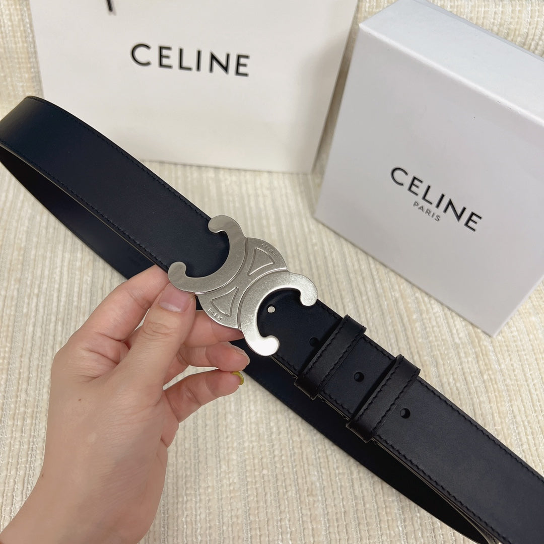 CELINE Triomphe Belt 35mm Black Calfskin Shw