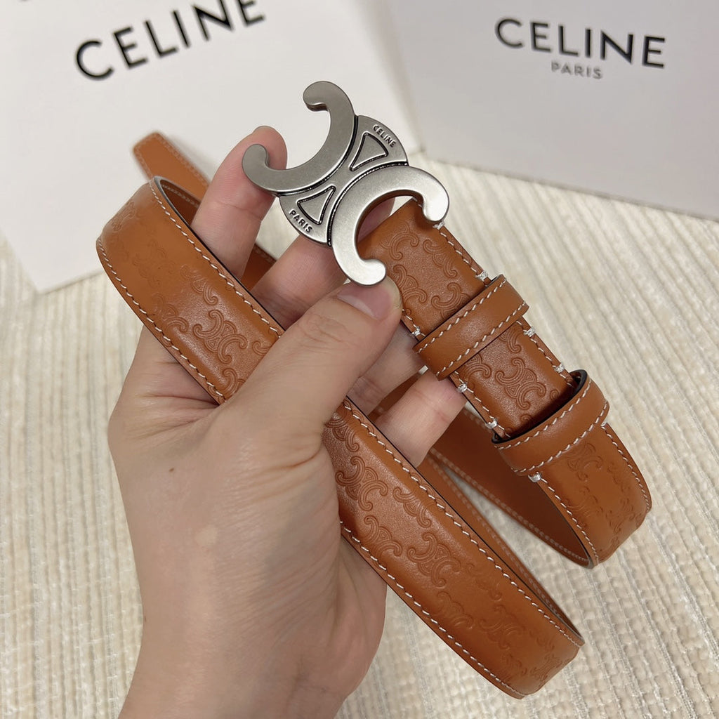 CELINE Medium Triomphe Belt 25mm Tan Calfskin White Line Finishing Silver Finishing