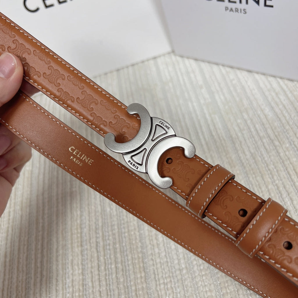 CELINE Medium Triomphe Belt 25mm Tan Calfskin White Line Finishing Silver Finishing