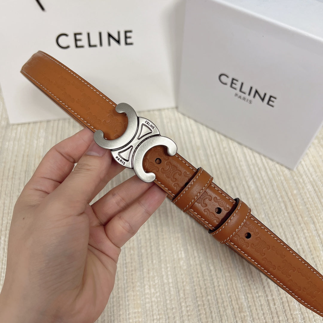 CELINE Medium Triomphe Belt 25mm Tan Calfskin White Line Finishing Silver Finishing