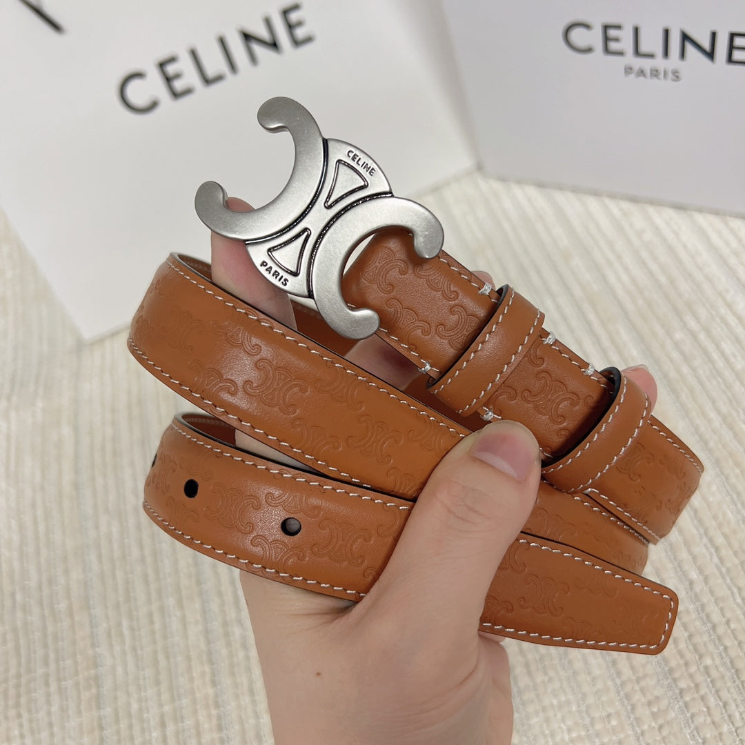 CELINE Medium Triomphe Belt 25mm Tan Calfskin White Line Finishing Silver Finishing