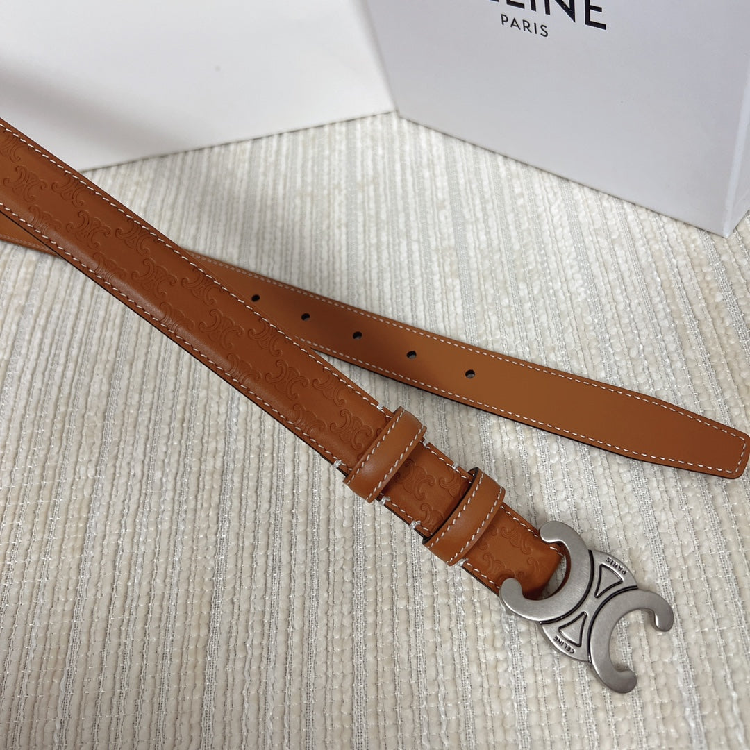 CELINE Medium Triomphe Belt 25mm Tan Calfskin White Line Finishing Silver Finishing
