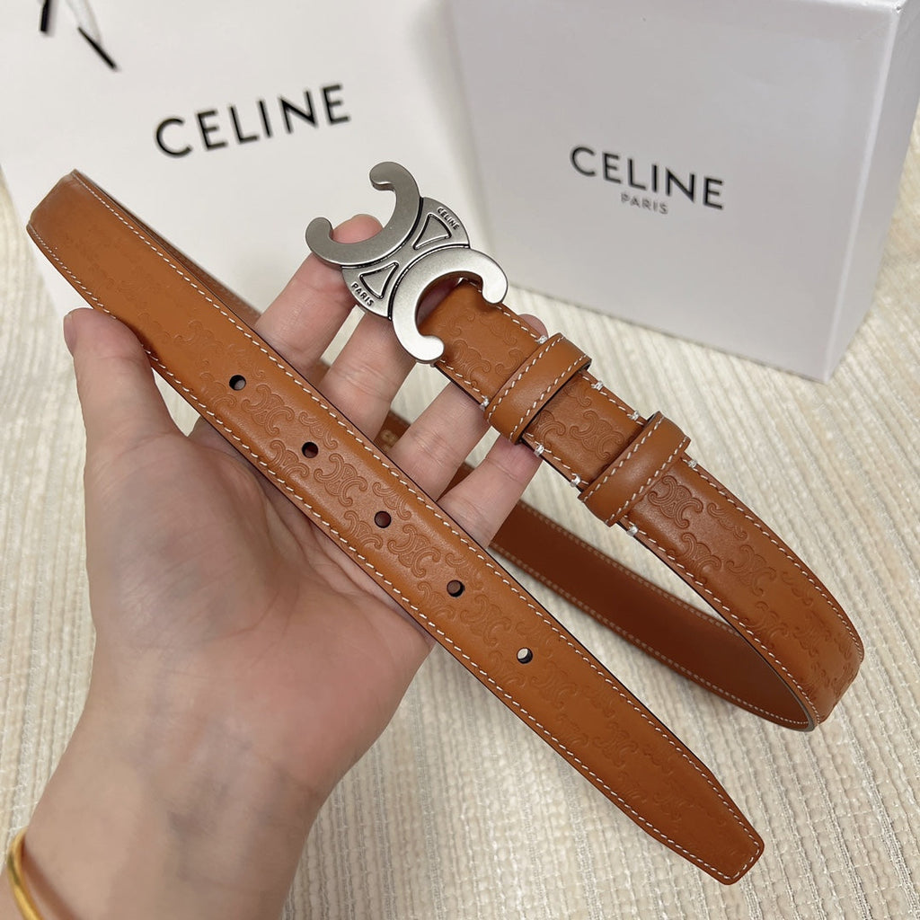 CELINE Medium Triomphe Belt 25mm Tan Calfskin White Line Finishing Silver Finishing