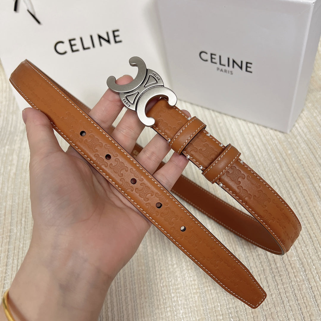 CELINE Medium Triomphe Belt 25mm Tan Calfskin White Line Finishing Silver Finishing