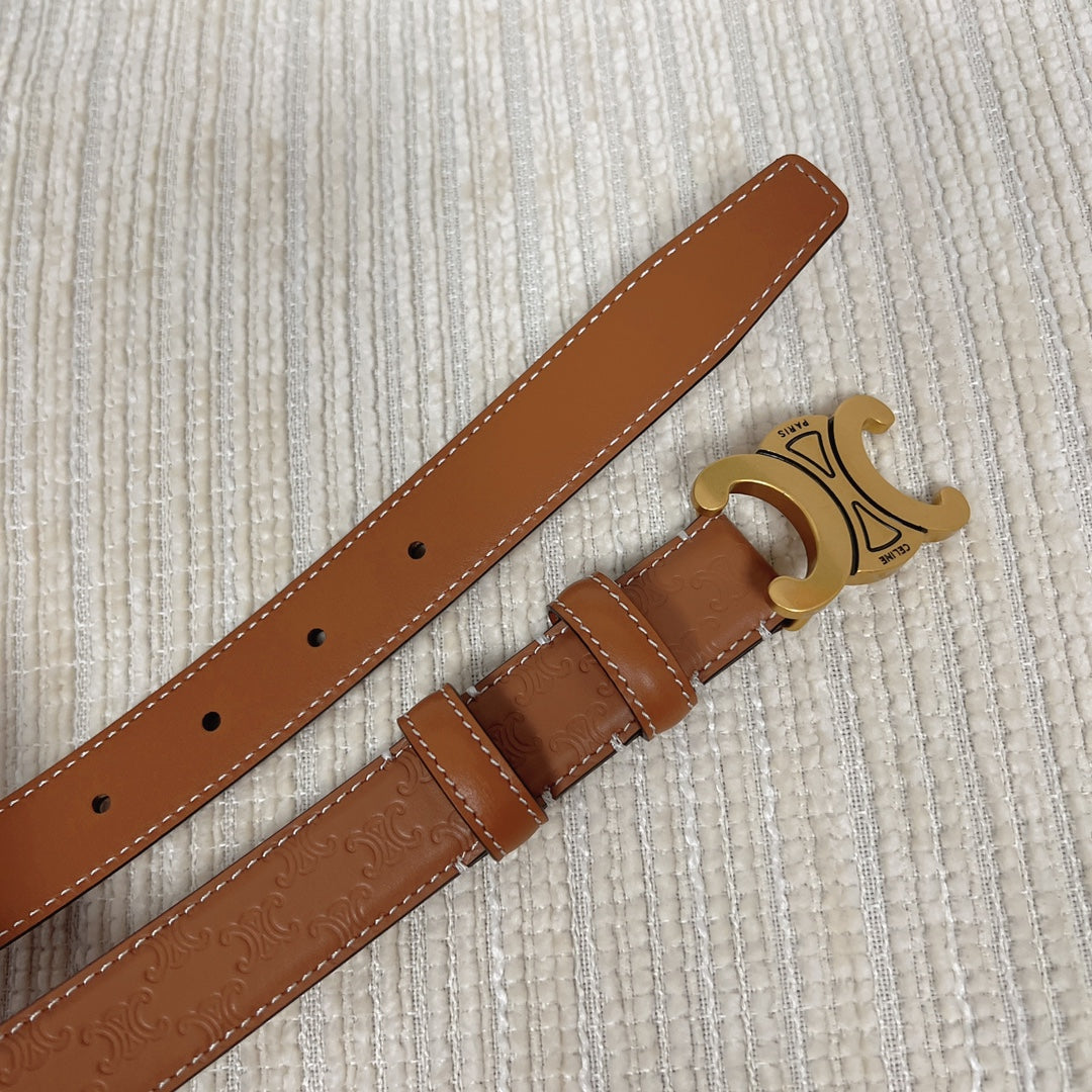 CELINE Medium Triomphe Belt 25mm Tan Calfskin White Line Finishing Gold Finishing