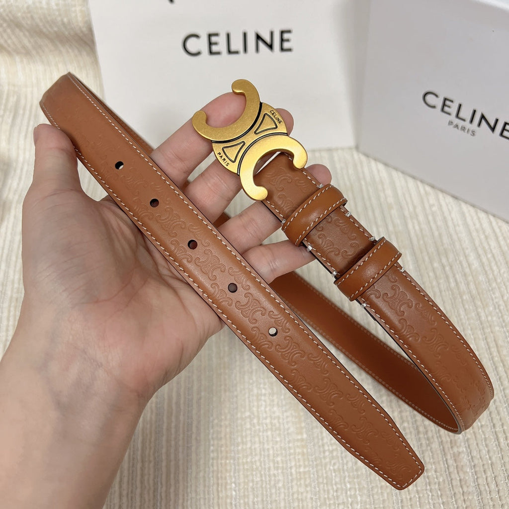 CELINE Medium Triomphe Belt 25mm Tan Calfskin White Line Finishing Gold Finishing