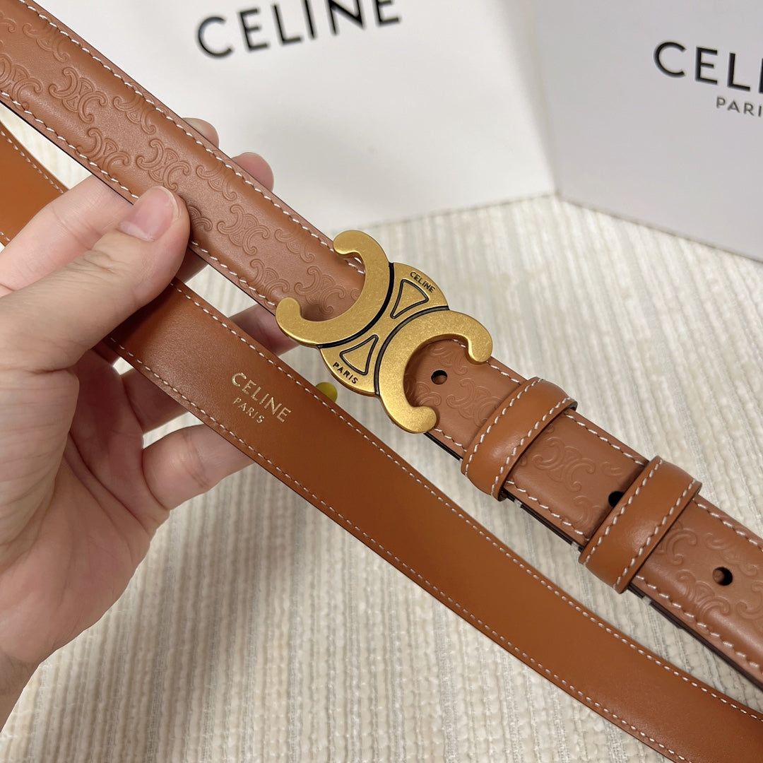 CELINE Medium Triomphe Belt 25mm Tan Calfskin White Line Finishing Gold Finishing