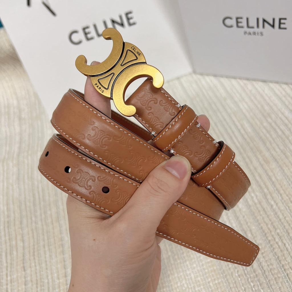 CELINE Medium Triomphe Belt 25mm Tan Calfskin White Line Finishing Gold Finishing